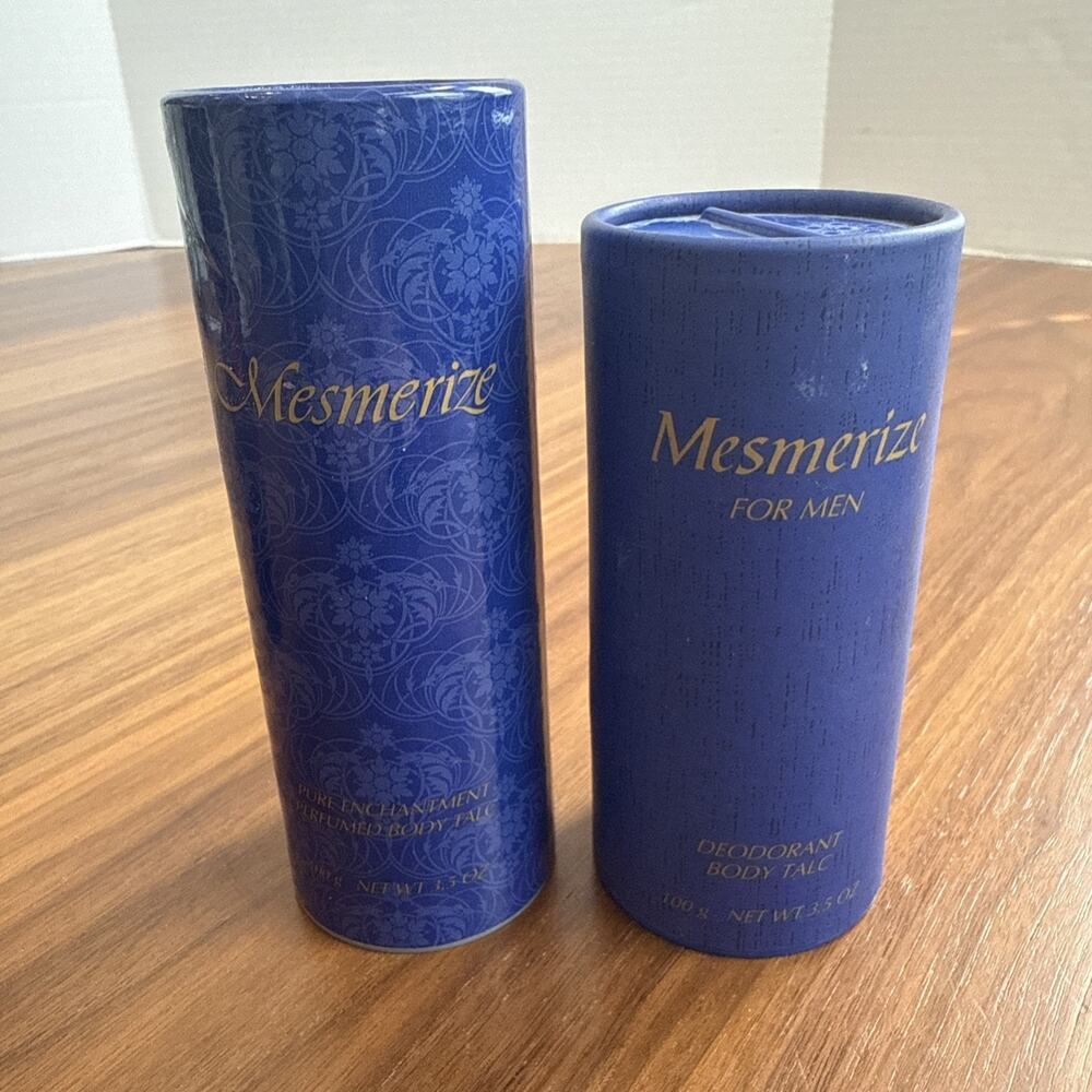 2 Avon Mesmerize Perfumed Body Powder Talc, 1 Woman, 1 Man 3.5 Oz Deodorant Talc